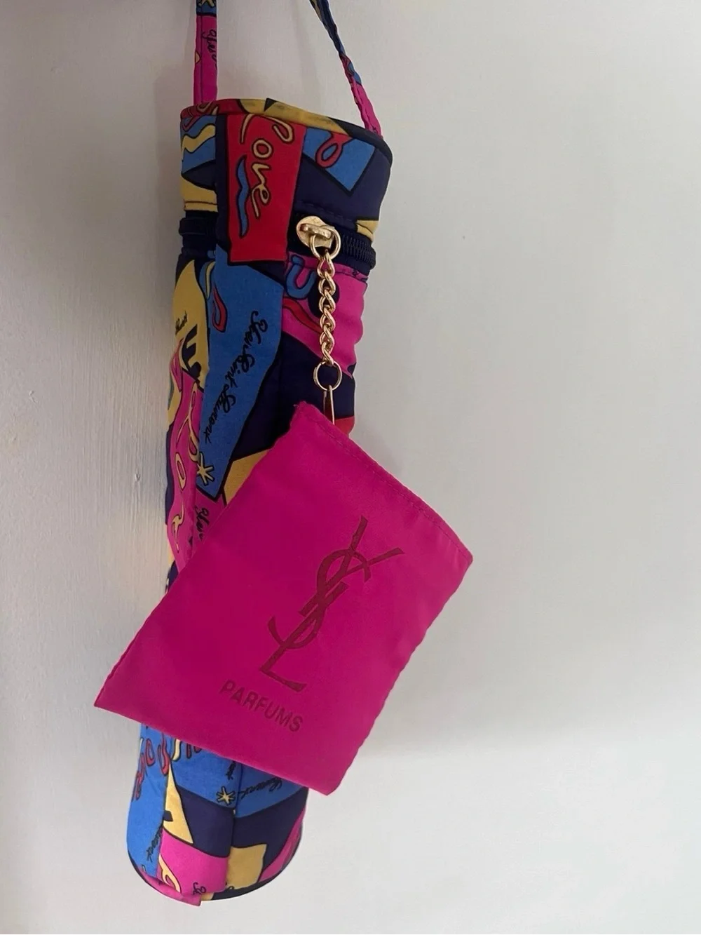 Yves Saint Laurent Pink and Blue Patterned Crossbody Pouch with Gold Logo